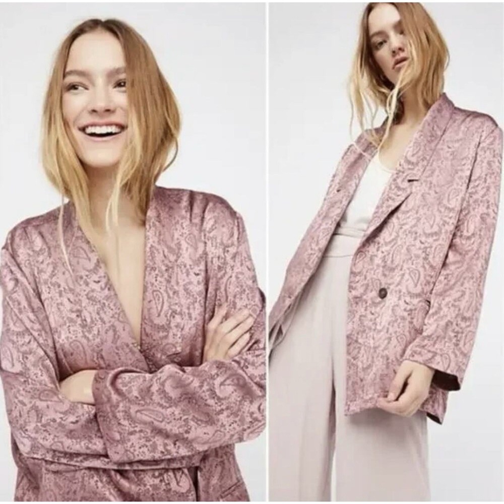 FREE PEOPLE Silky Satin Paisley Jacquard Blazer Jacket Dusty Pink Sz XS #459